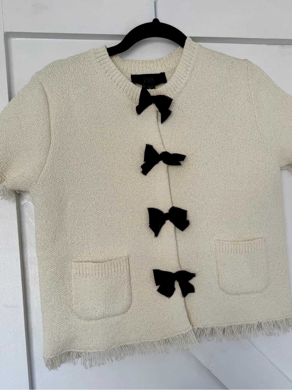 Zara Cream Knit Jacket with Black Bow Closures